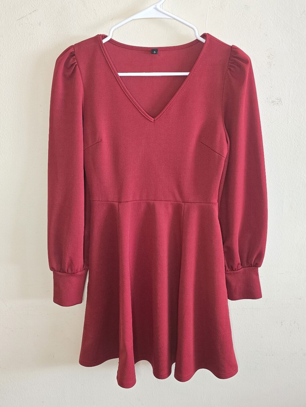 Burgundy Ribbed Mini Dress Small Puff Sleeve V Neck Pockets Party Festival